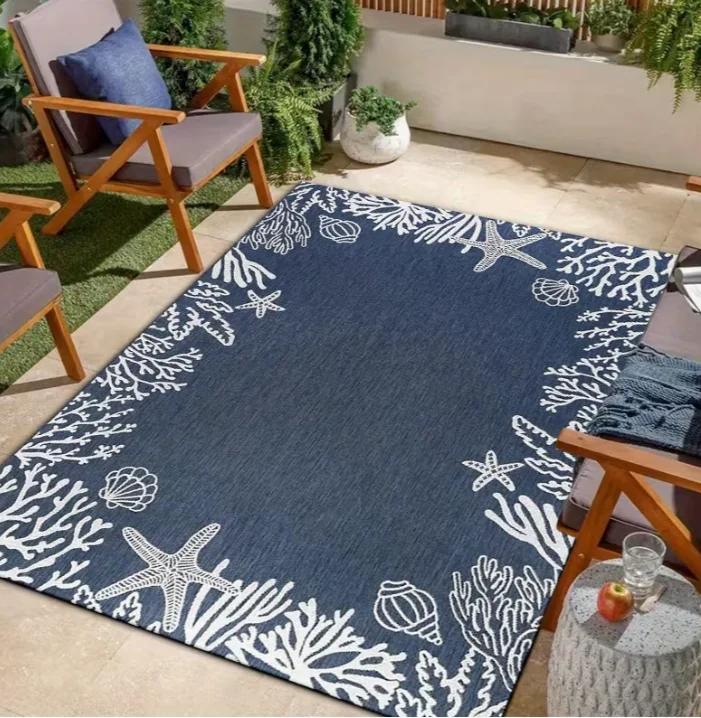Blue Starfish Shell Pattern Outdoor Rug, Outdoor Non-Slip Mat, Suitable for Courtyard, Terrace, Balcony Outdoor Entrance Mat