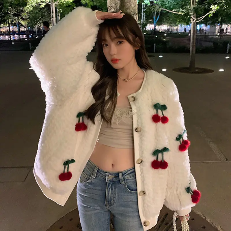 Women 3D Cherry Faux Fur Bomber Jacket Imitation Rex Rabbit Fur Mink Woven Fur Coat Fall Winter Strip Sewed Furry Cardigan Tops