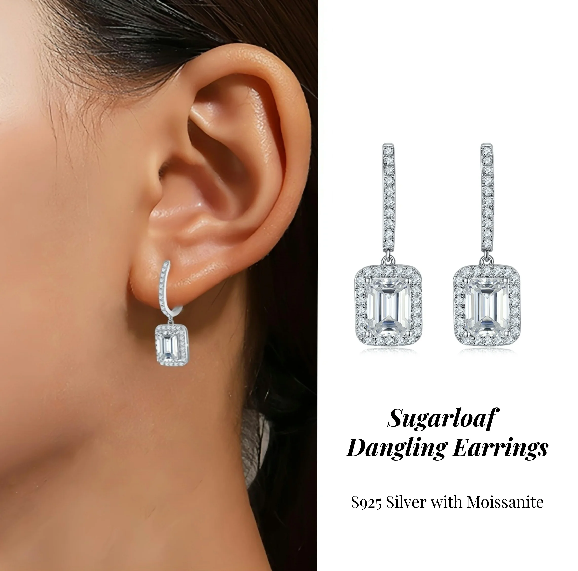 Rectangle Sugarloaf Emerald Cut Drop Earrings Dangling Earrings S925 Silver with Moissanite Ladies' Jewelry Women's Jewellery