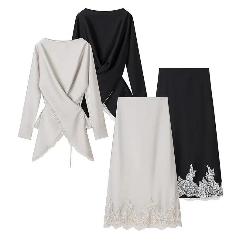 Maxdutti French Minimalist Womean Clothing Asymmetric Long Sleeve Blouse Top Lace Splicing Midi Skirt Set For Woman Women's Suit