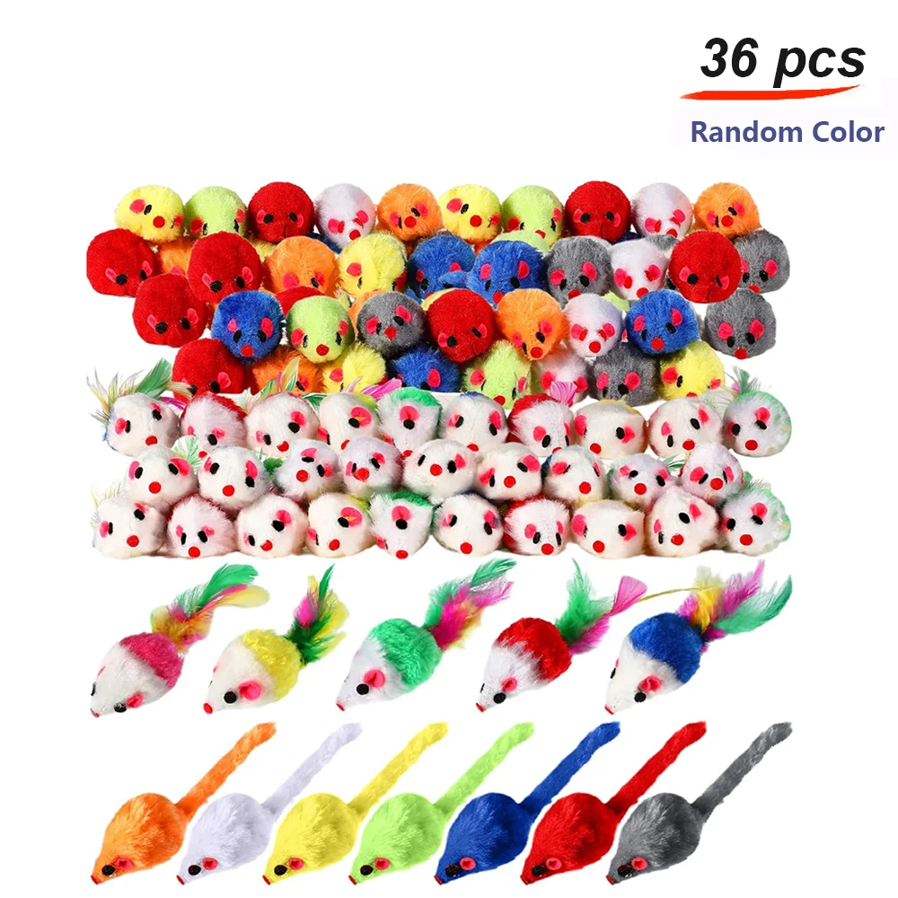 36Pcs Fur Mice Cat Toys Rattle Mouse Cat Toy Assorted Interactive Cat Toy for Indoor Kitten Cat Catch Play Mouse Toy Sound Mouse