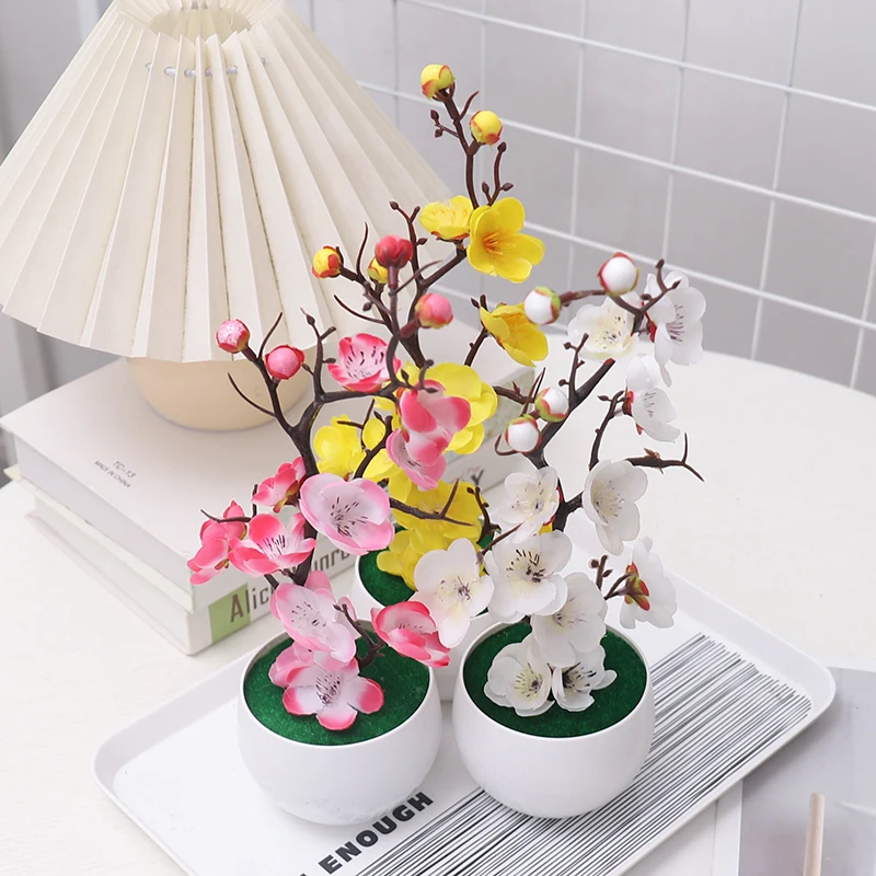 Simulation Plum Flower Pot Plant Artificial Plastic Fake Flowers Home Office Desktop Ornaments Wedding Party Background Decor