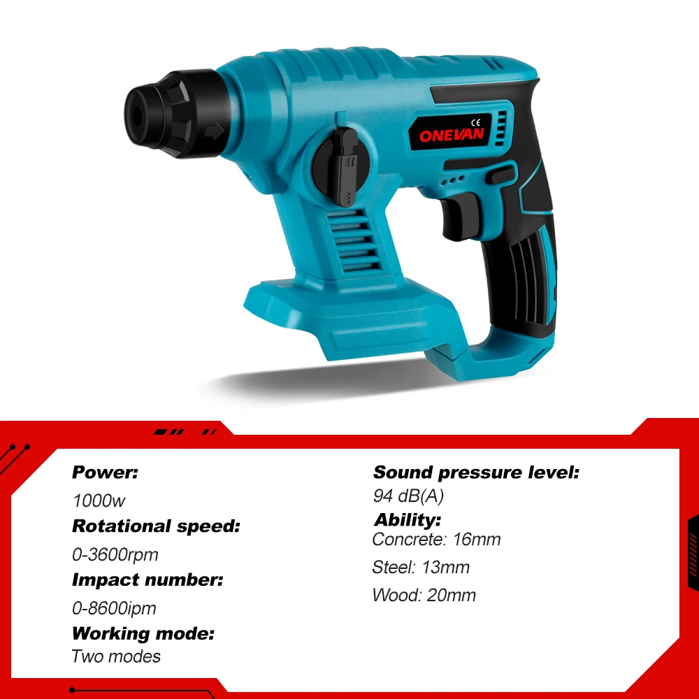 ONEVAN 1000W 8600ipm 18V Rechargeable Cordless Rotary Hammer Drill 3600rpm Electric Hammer Impact Drill For Makita 18v Battery