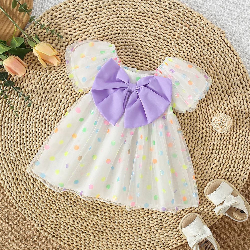 Summer Baby Girl Dress For Girls\' Birthday Party Colorful Polka Dot Big Bow Mesh Bubble Sleeve Princess Dress