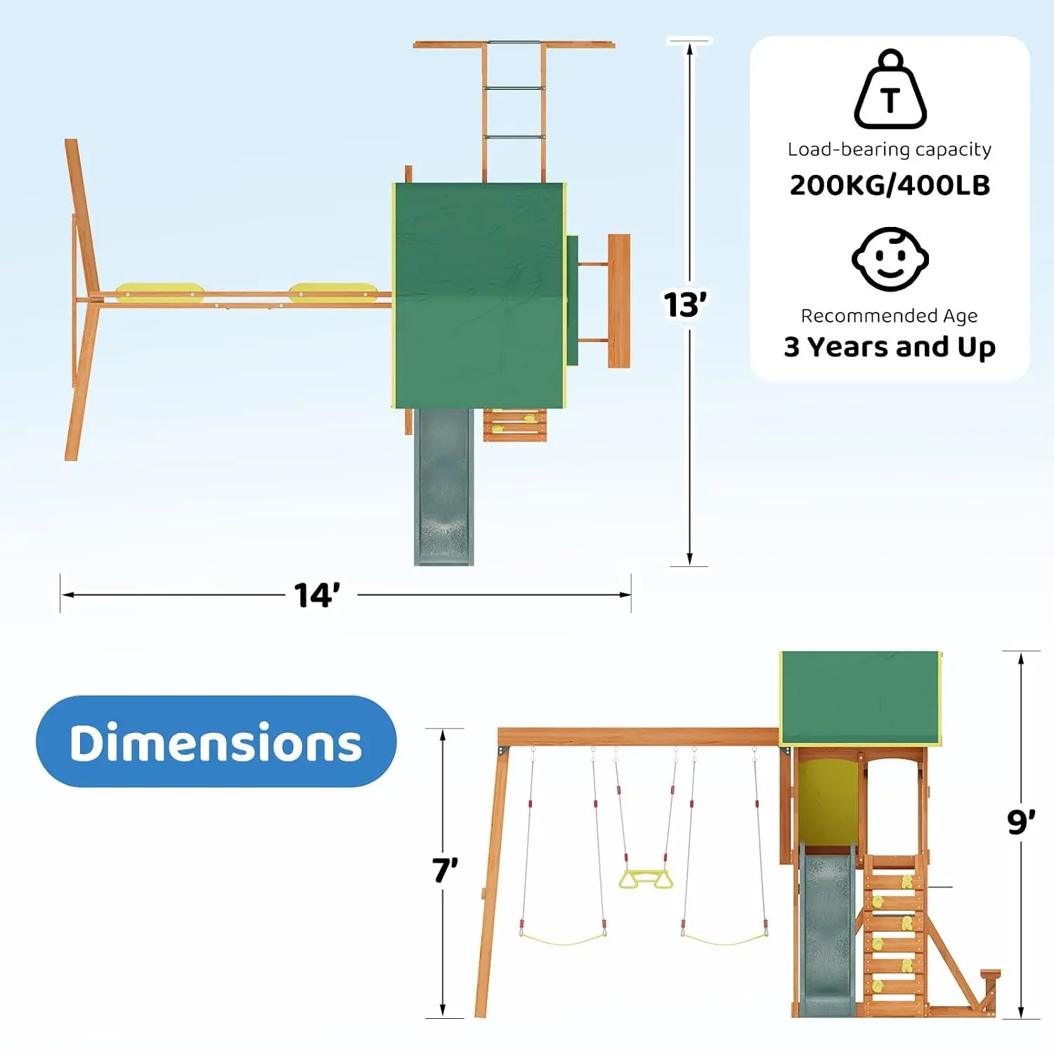 Wooden Swing Sets for Backyard - Outdoor Playset,Green, Customized
