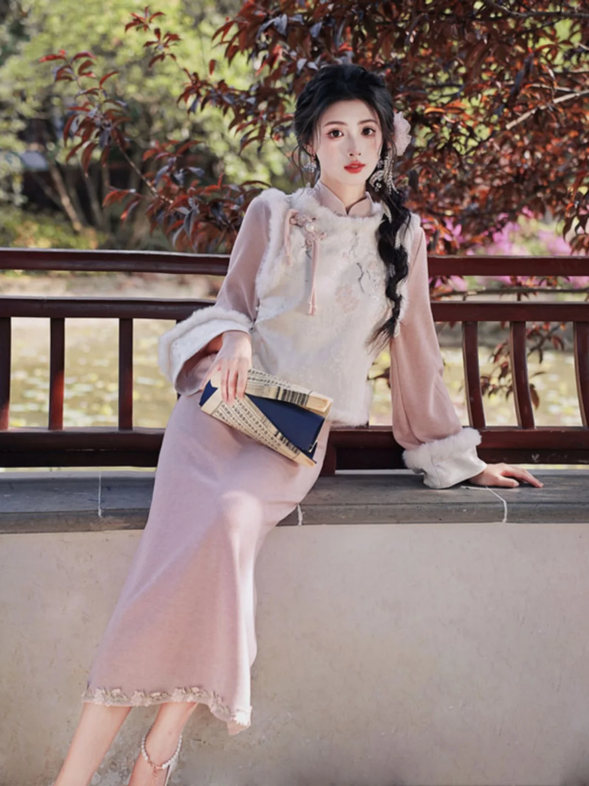 

Новый комплект в китайском стиле с флисовой подкладкой: элегантный жилет с длинными рукавами и юбка, двухсоставный ансамбль для весны, комфортная посадка