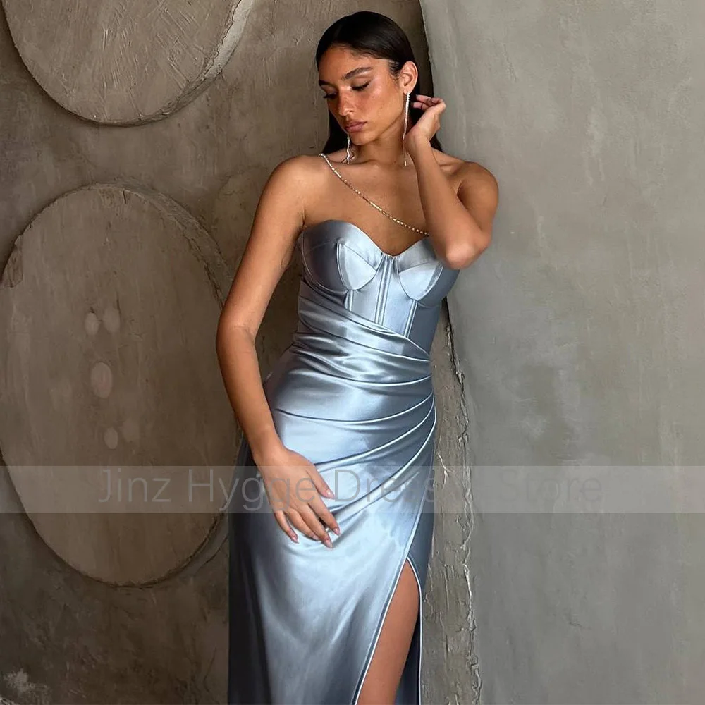 Olive Green Evening Party Dress Satin Beading One Shoulder Column Formal Gowns Long Sweetheart High Split Women\'s Prom Dresses