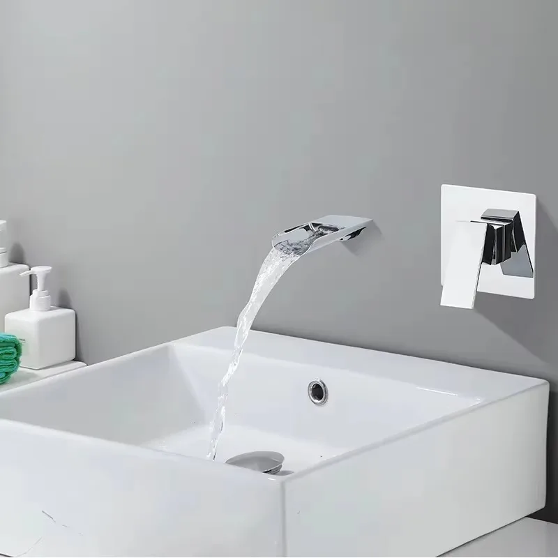 

Modern Chrome U-Shaped Waterfall Basin Tap Single Handle Wall Mount Bathroom Sink Faucet Brass Material Ceramic Valve 2 Holes