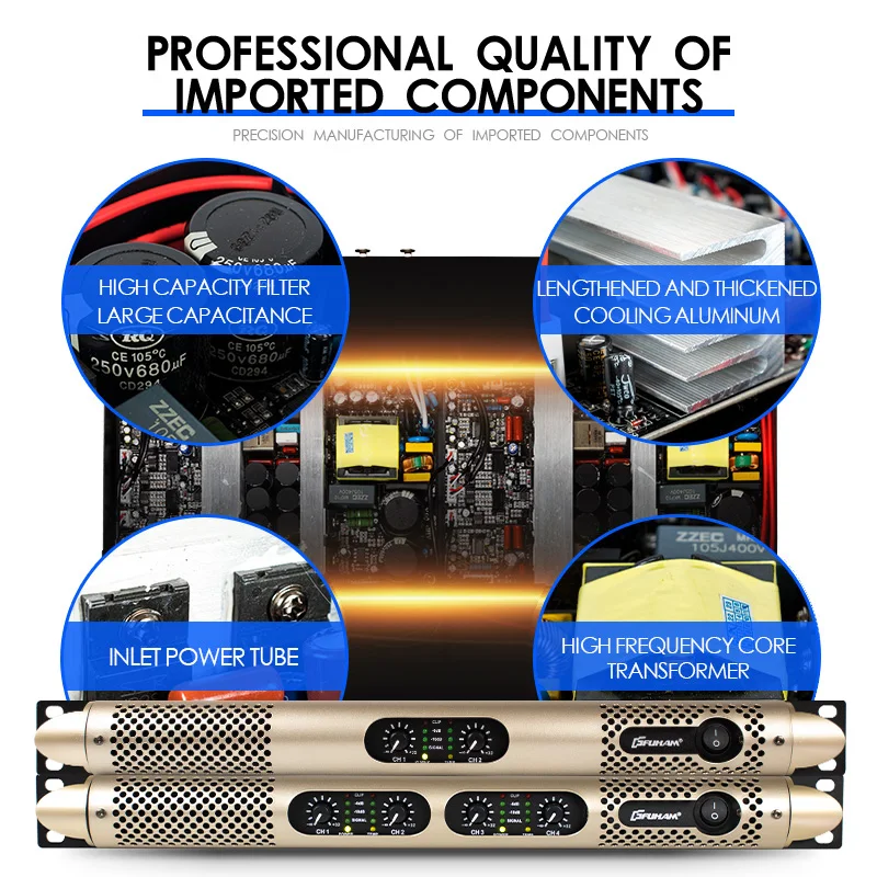 FUHAM KS2500 デジタルパワーアンプ ゴールドエディション 1200W 8Ω 2/4チャンネル DJサブウーファーアンプ ラインアレイスピーカーアンプ