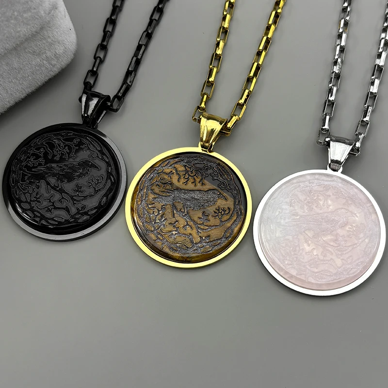 

Gothic Crow Tree Of Life Bird Pendant Necklace For Women Men Stainless Steel Raven Animal Plant Tiger Eye Stones Jewelry Party