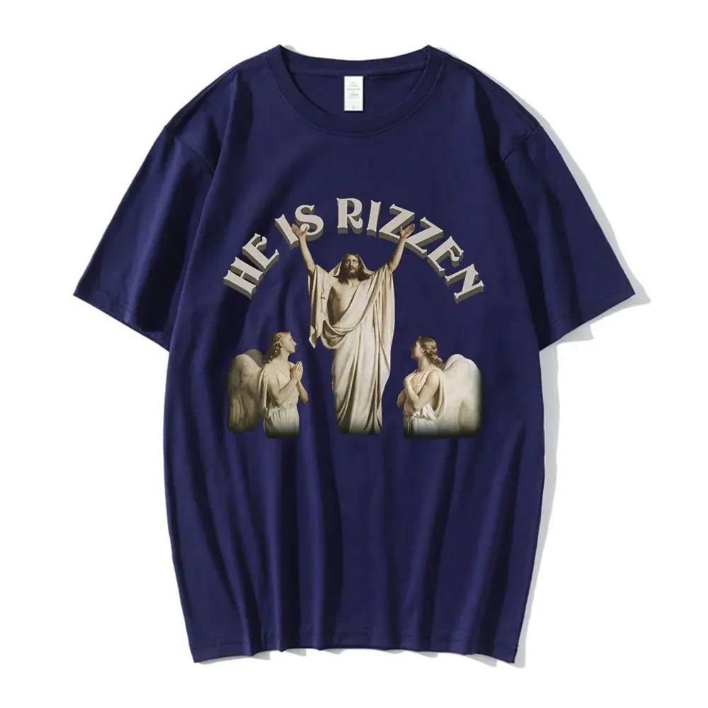 He Is Rizzen Funny Meme Jesus Christian T-Shirt Men Women Clothing Fashion T-shirts Cotton Casual Oversized T Shirts Streetwear