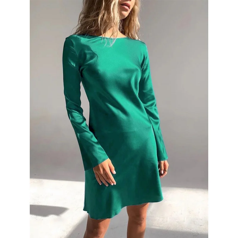 Imitacja satyny octanowej Sukienka z długim rękawem Damska wiosenna rozrywka Jednolity kolor Pullover Okrągły dekolt Wysoka talia Spódnica A Line