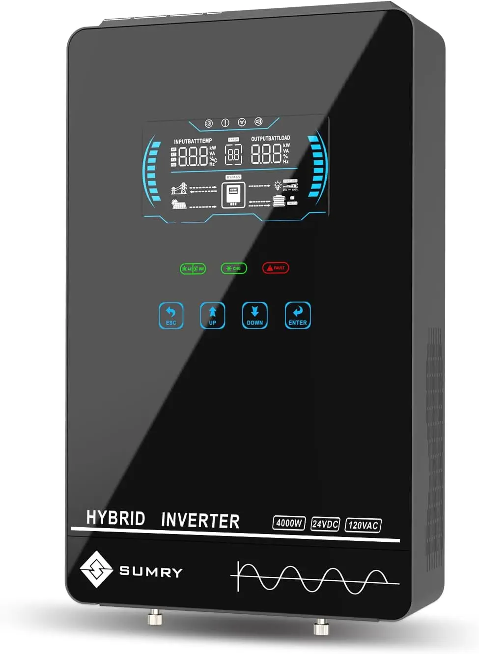 SUMRY Hybrid Solar Inverter, 4000W DC 24V to AC 120V Pure Sine Wave Power Converter, Glass Top Cover with LCD Display, 140A MPPT