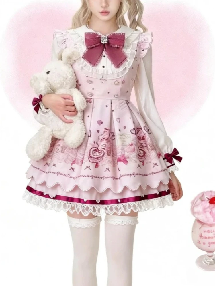 اليابانية لوليتا فستان المرأة القوس السراويل فستان مجموعة الحلو كم طويل مطبوعة خمر فساتين حفلة Kawaii تأثيري Y2k وتتسابق
