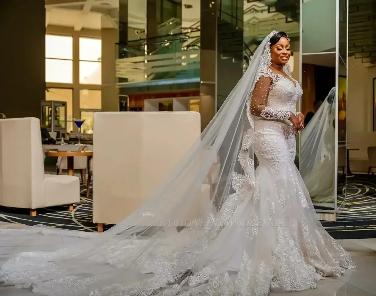 

Customized Wonderful Pearls Appliques Mermaid Wedding Dress 2023 Luxury Vestido De Novia Illsion Long Sleeves Plus Size Bridal G