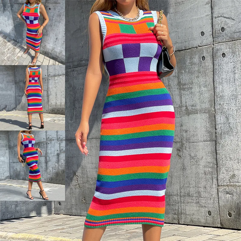 

2024 Autumn&Winter Sexy Street Photography Fashion Sleeveless Color Plaid Long Slim-Fit Package Hip Knitted Off Shoulder Dresses