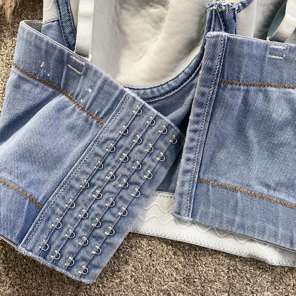 Fashion Diamond Tassel Strapless Bra Denim Vest Shirt Women Sexy Nightclub Dance Cowboy Camisole Jeans Cropped Top Ropa Mujer