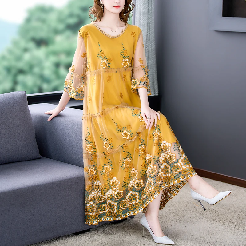 Summer Embroidery Floral Natural Silk Light Midi Dress Women Korean Fashion Light Beach Dress 2024 Elegant 5XL Plus Size Dress