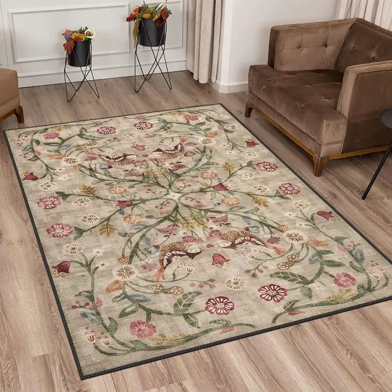 Boho Chic Turkish Traditional Floral Rug Washable Non-Slip Large Distressed Area Carpet for Living Room Bedroom Decor
