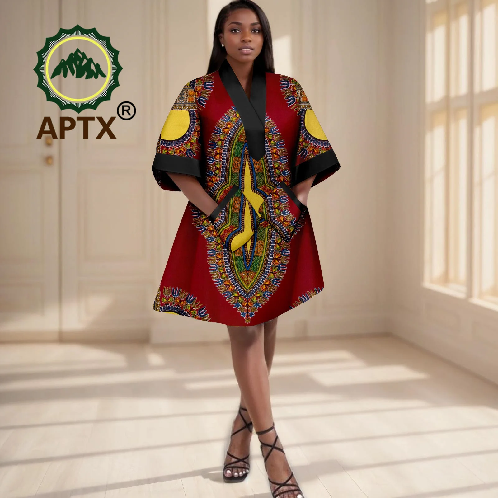 

African Clothing for Women Ankara Print Short Sleeve Patchwork Dresses with Pocket Dashiki Casual Party Wedding Dress