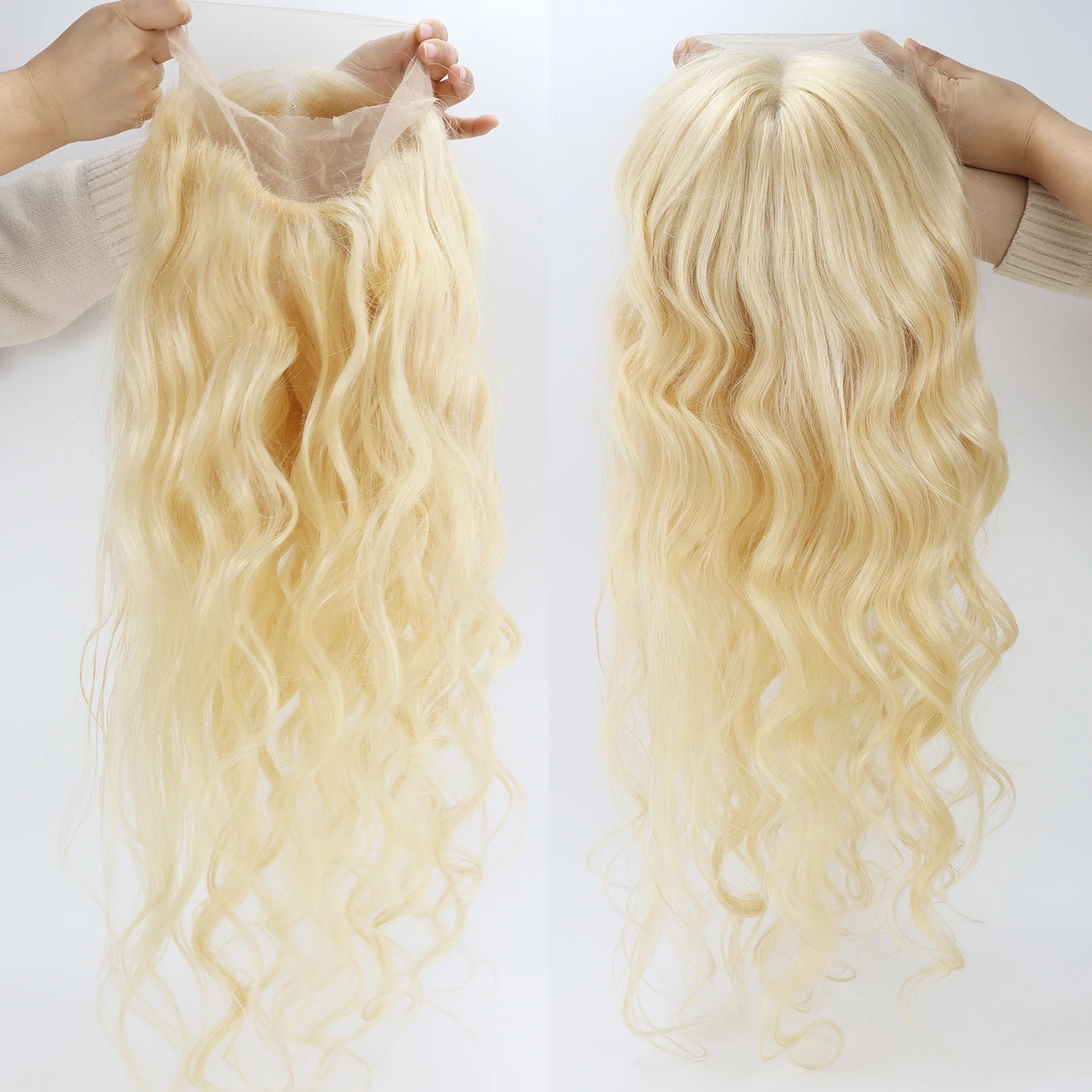 شعر مستعار دانتيل كامل # 613 شعر أوروبي مموج أشقر فاتح مع شريط مطاطي خط شعر طبيعي ناعم وجيد التهوية للنساء