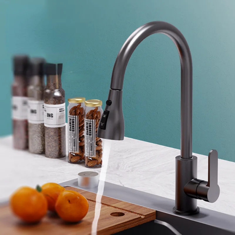 

Gun Gray Kitchen Faucet Stainless Steel Pull-out Hot And Cold Water Three-block Out Wash Basin