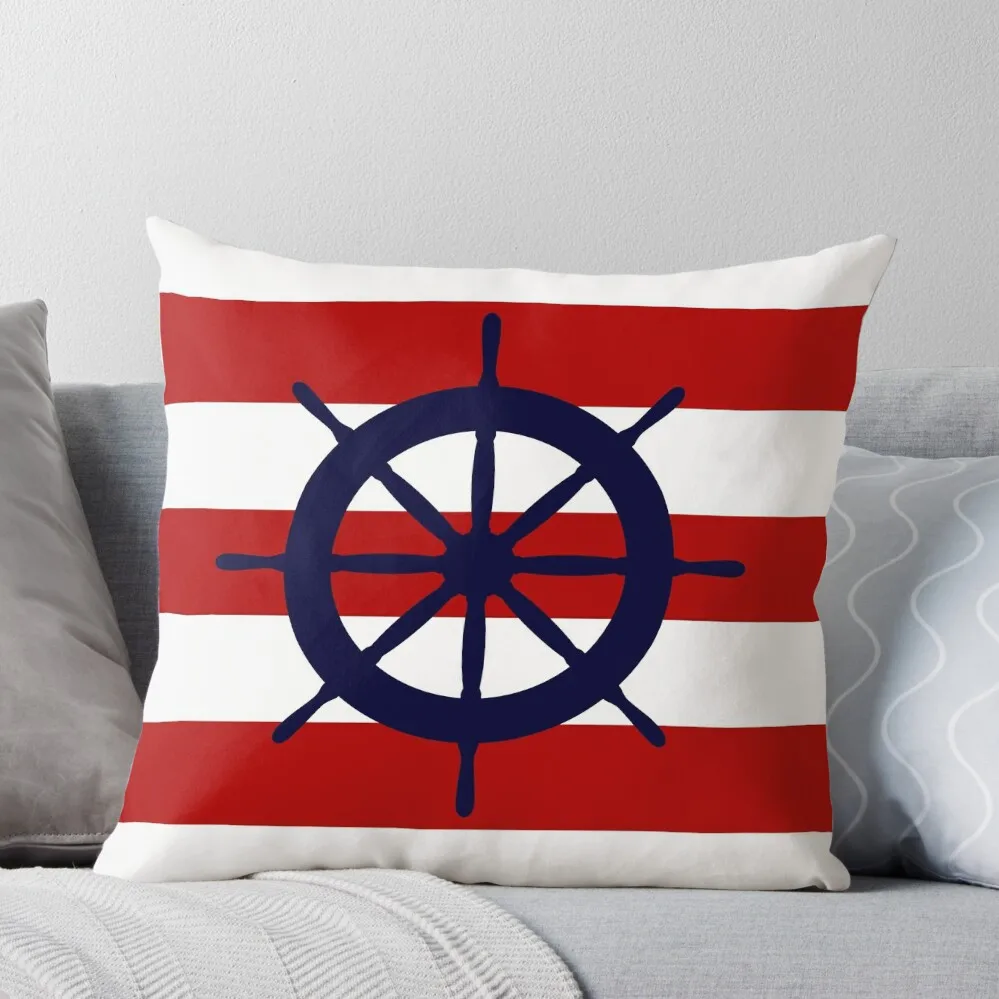 Nautical Navy Blue Ship's Steering Wheel On Red Stripes Throw Pillow christmas supplies