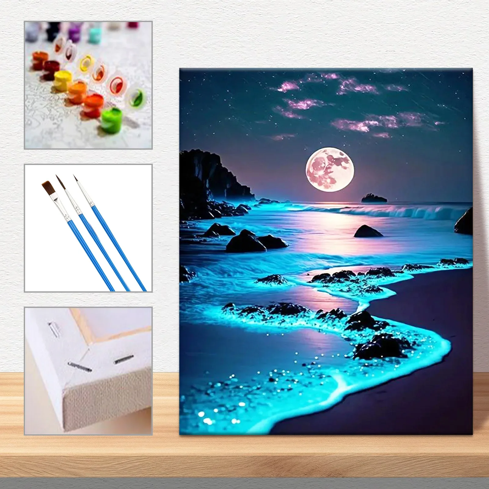 Professional Art Use, 1pc Digital Painting Adult Kit (Canvas Stretched on Frame), 29.5X39.5Cm/11.6X15.5Inch, Moonlit Waves Ea
