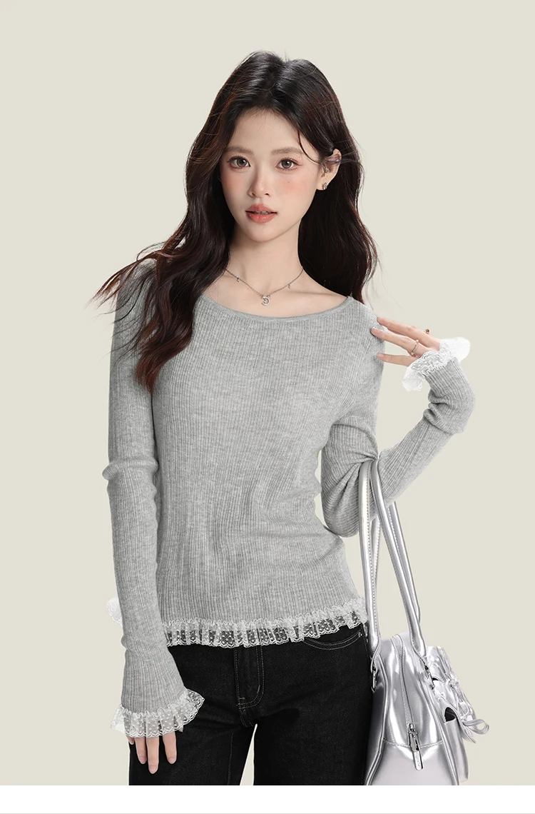 

Chic Korean Casual Lace Trim Knit Top Women Gray Slim Fit Round Neck Layering Shirt Soft Stretchy Versatile Basic Blouse