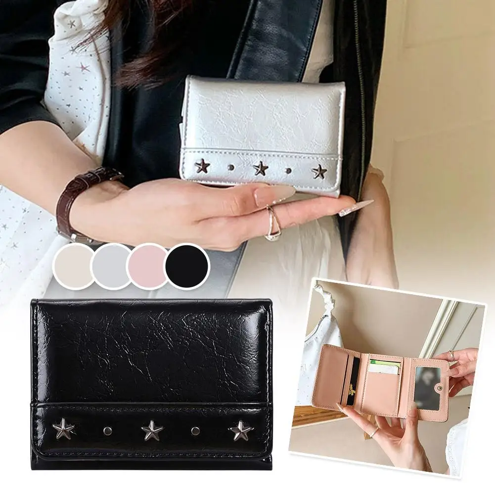 Women's Wallet PU Leather Short Card Holder Small Coin Purse Star Studded Compact Fashion Pocketbook For Girls