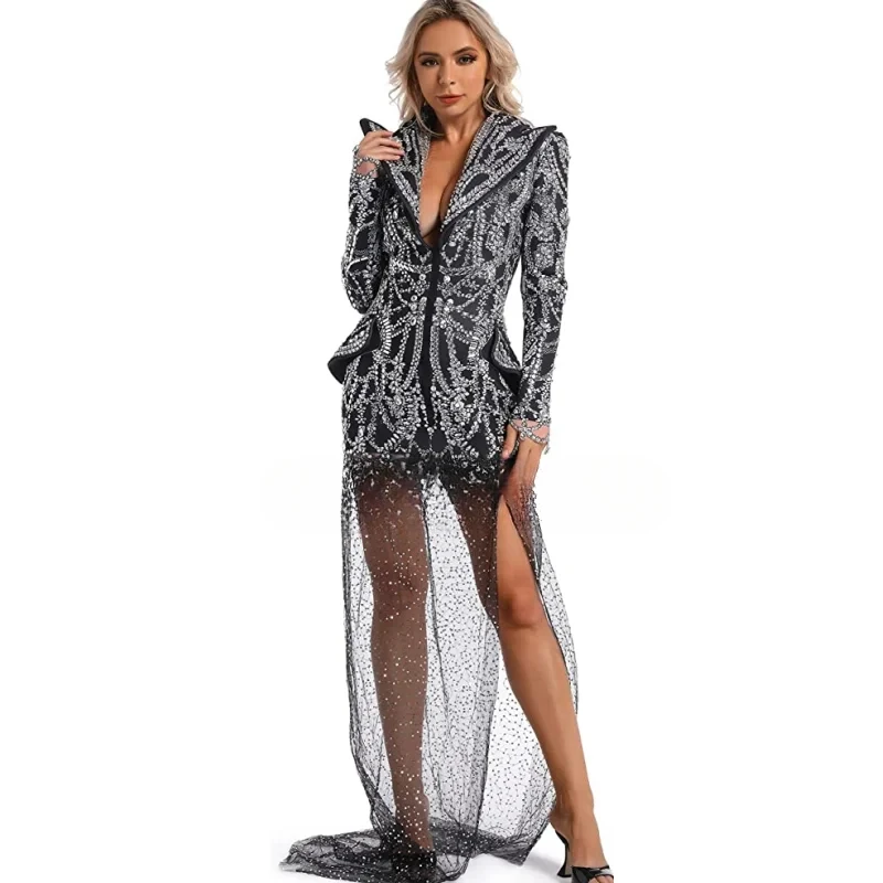 Diamond Blazers Women Elegant Stylish Printed Rhinestones Mesh Tailing Slim Coat Bar Singer Stage Costume Birthday Crystal Dress