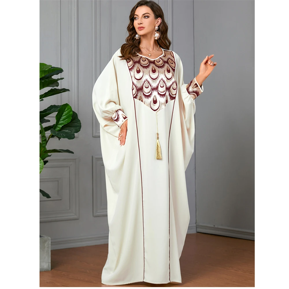 

Muslim White Gold Print Women's Dress Feather Pattern Patchwork Long Sleeve Abaya Tassel Decoration Kaftan Dress Islam Vestiods