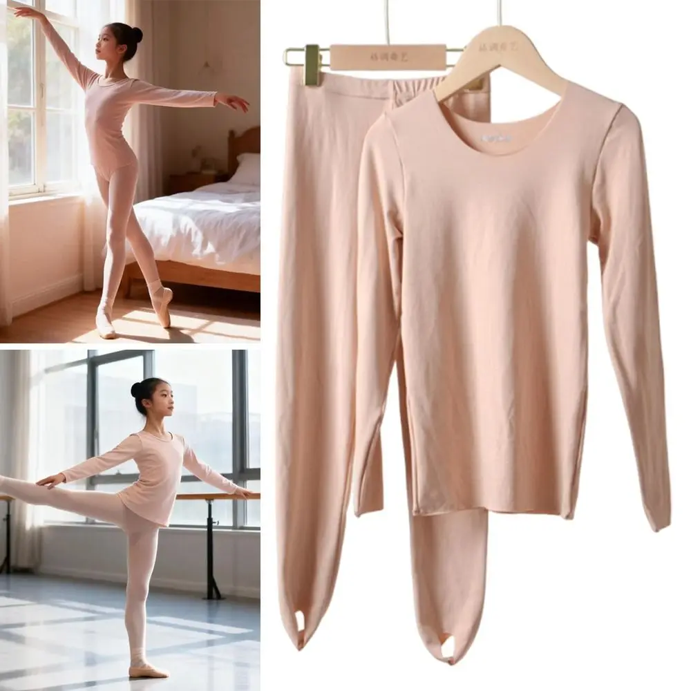Fashion Autumn Winter Kids Thermal Underwear Suits Elastic Warm Ballet Underwear Set Nude Color Long Leotard Dance