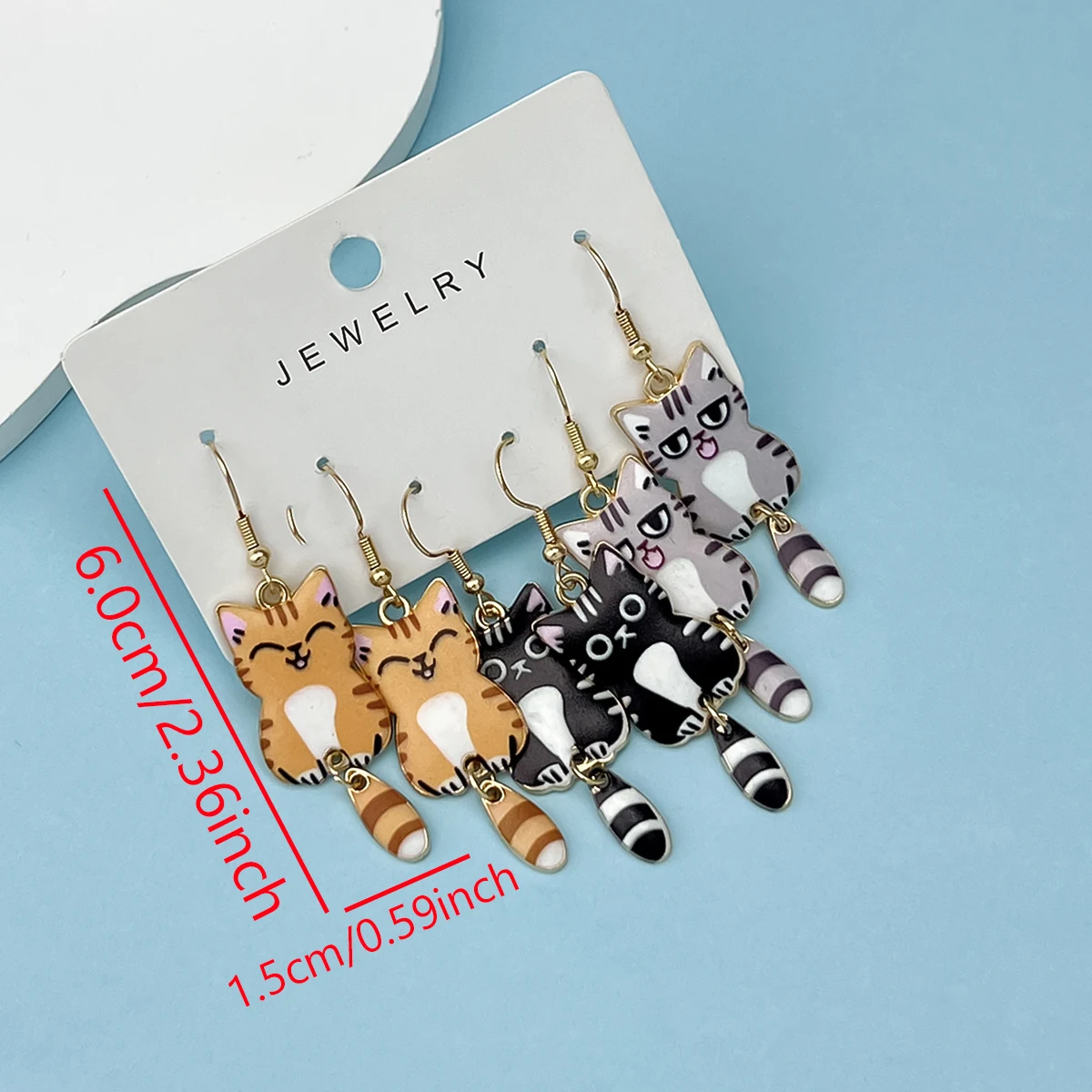 3 Pairs Cute Enamel Alloy Cat Dangle Earrings Set