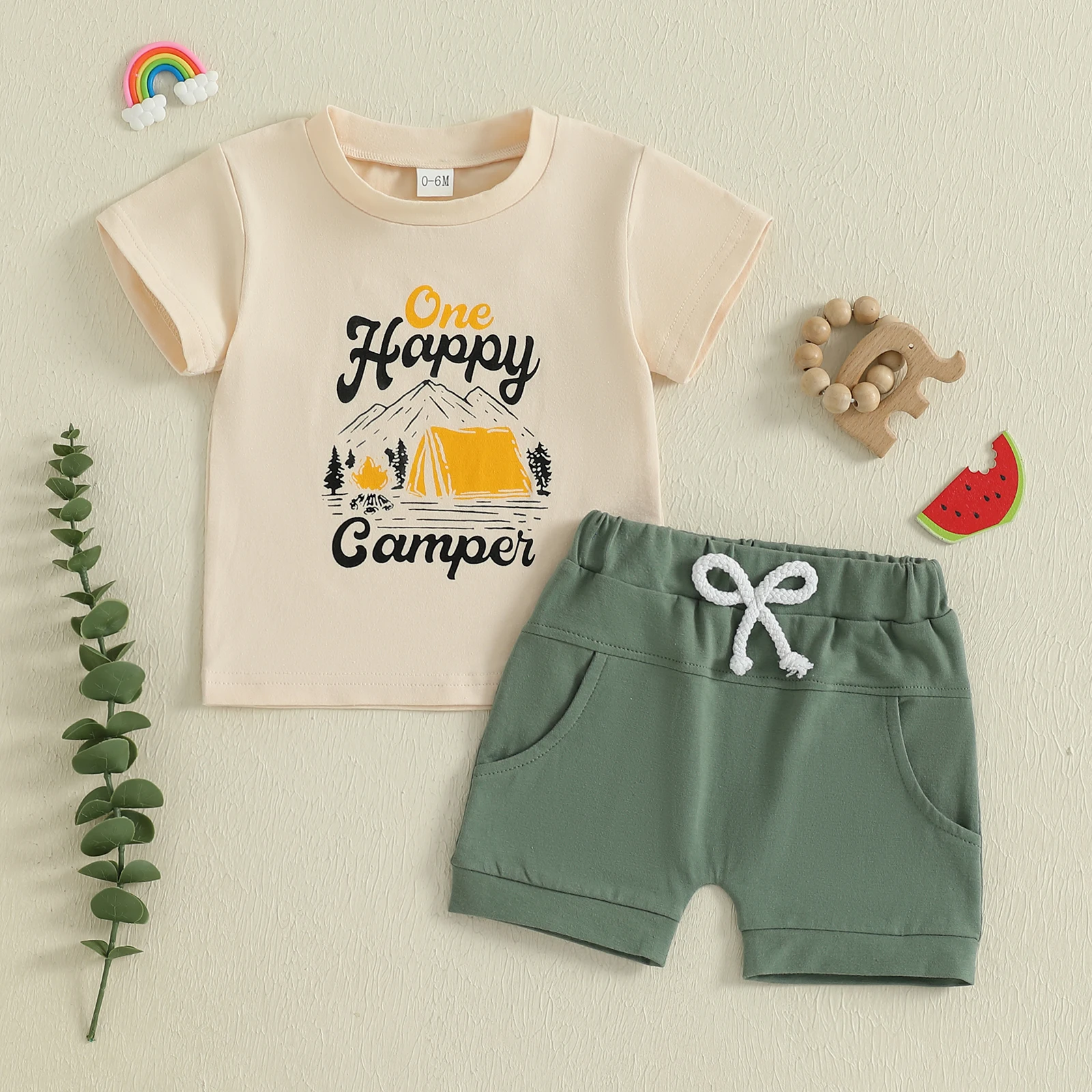 

Baby Boys Birthday Outfits Letter Camping Elements Print Short Sleeve Tops Elastic Waist Shorts 2Pcs Clothes Set