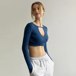 Sexy Women Crop Top Yoga Long Sleeve Chest hollowing Cross Slim Tops Breathable Skin-friendly Running Sports Fitness T-shirts