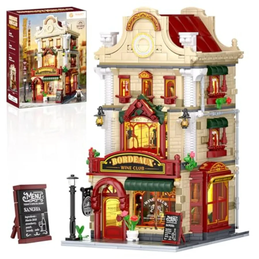 Set de Construcción del Club de Vinos de Burdeos con Luces LED, Kit de Construcción de Bodega, Castillo y Casa, Coleccionable Vintage