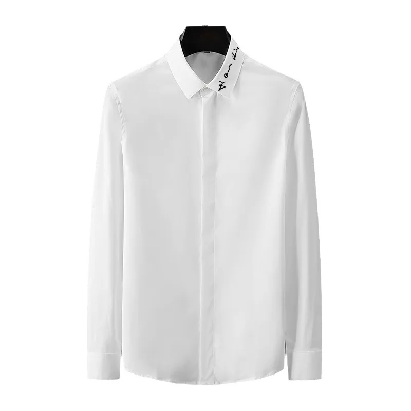 Brand Embroidered Shirt for Men Slim Fit Long Sleeve Business Formal Shirt Male Casual Social Party Tuxedo Blouse White Shirts