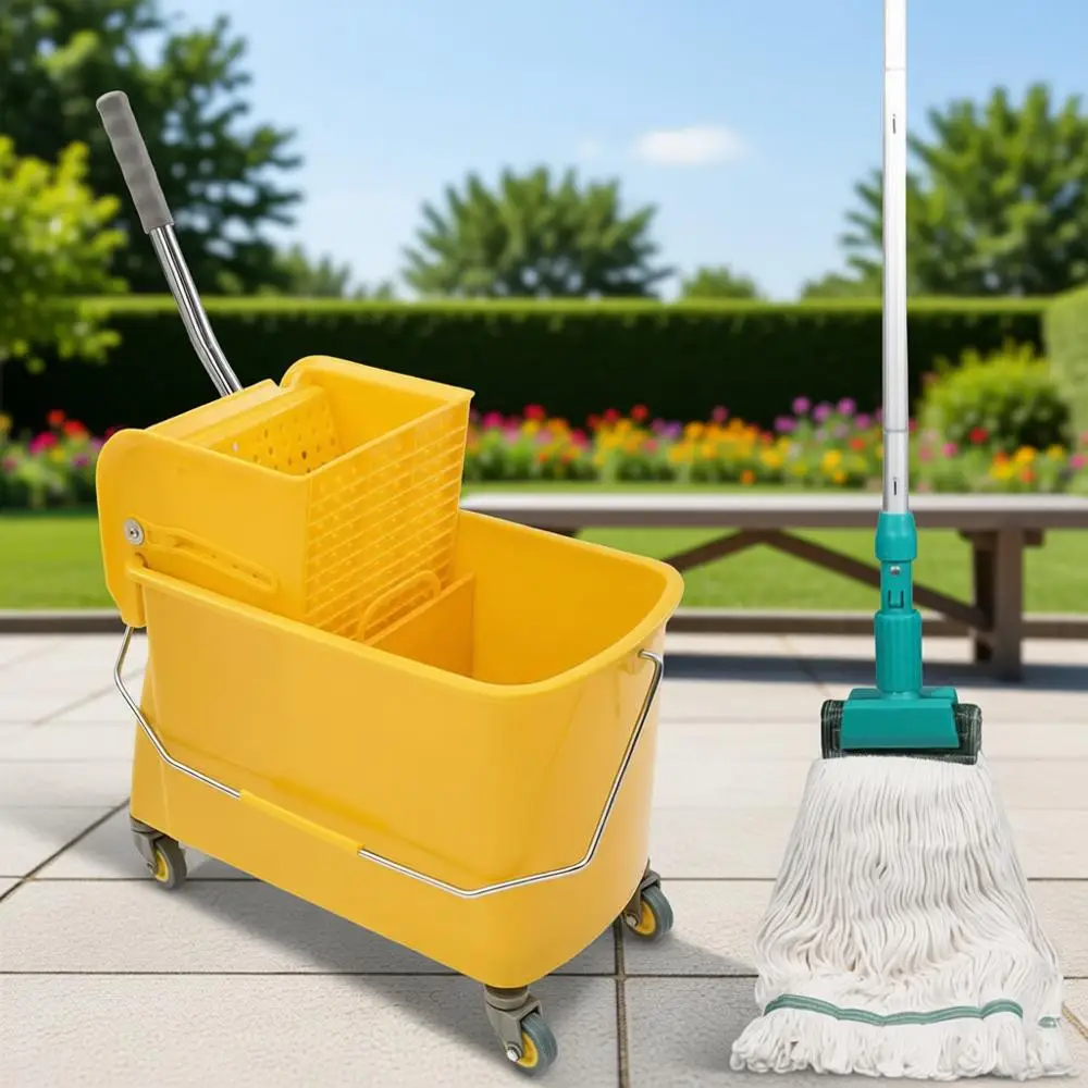 

22-Quart Mop Bucket with Wringer, Handle, Wheels, 16.5 L x 10.6 W x 26.4 H, Yellow, Includes Loop-end String Mop
