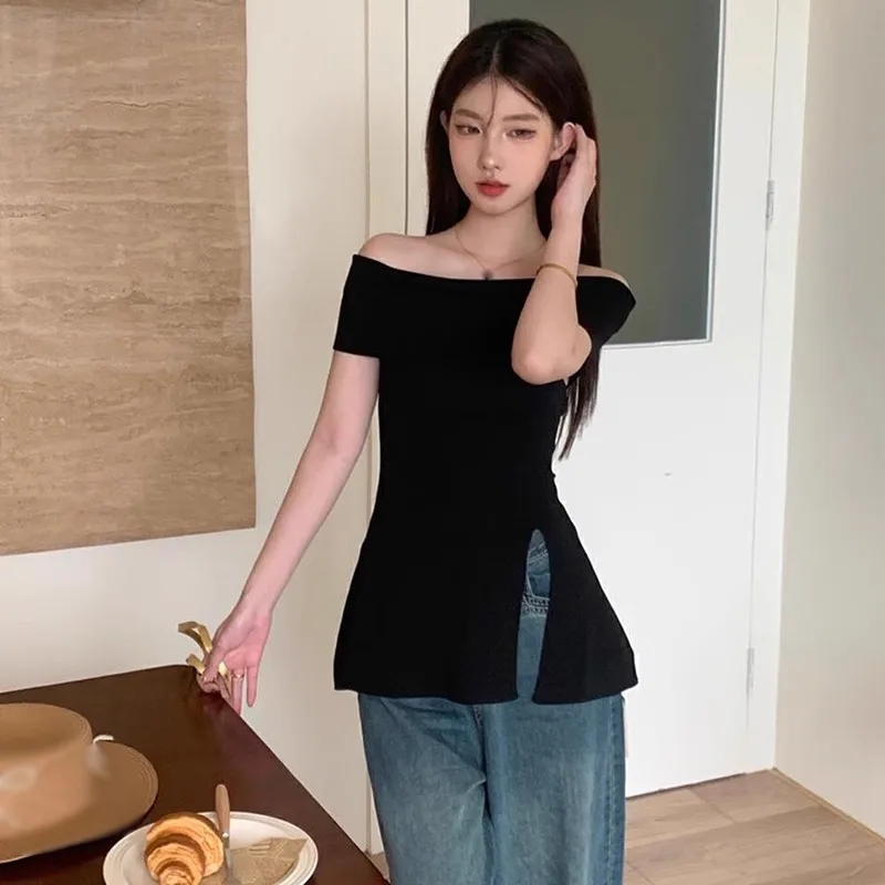 Summer off Shoulder Knitted Women\'s Top Sexy Backless Slim Fit Fashionable Solid Color Gentle Elegant Style Slit Design T-shirt