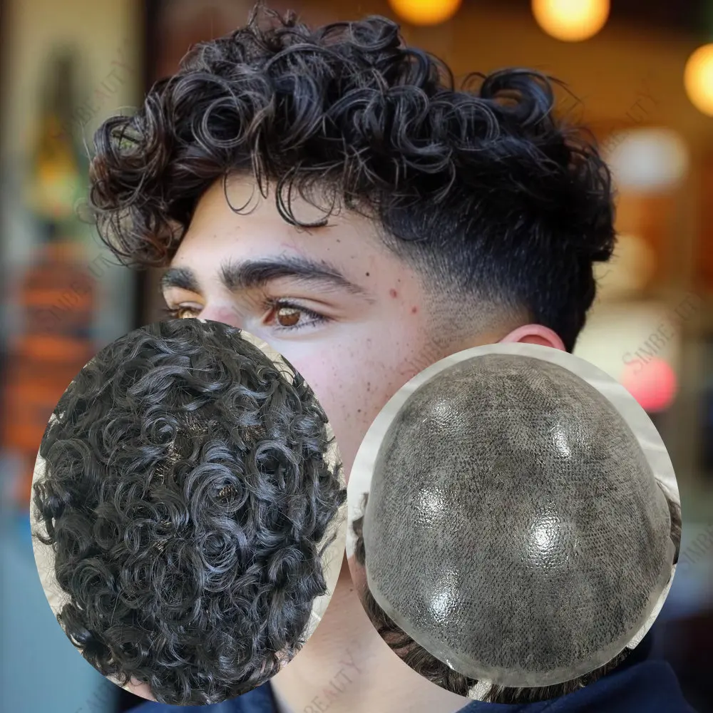 20 مللي متر نسج مجعد طبيعي 100% شعر مستعار بشري للرجال كامل رقيقة Skn PU قاعدة نظام استبدال الشعر للرجال الشعرية الاصطناعية #1