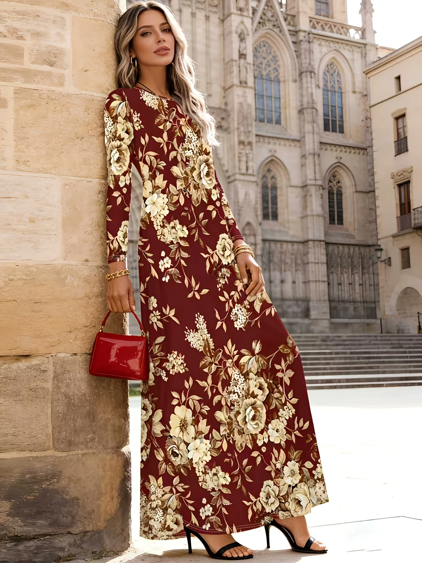 Spring Autumn Floral Print Round Neck Long Sleeve Women Dress Casual Office Work A Line Midi Dress Elastic Waist Solid Color