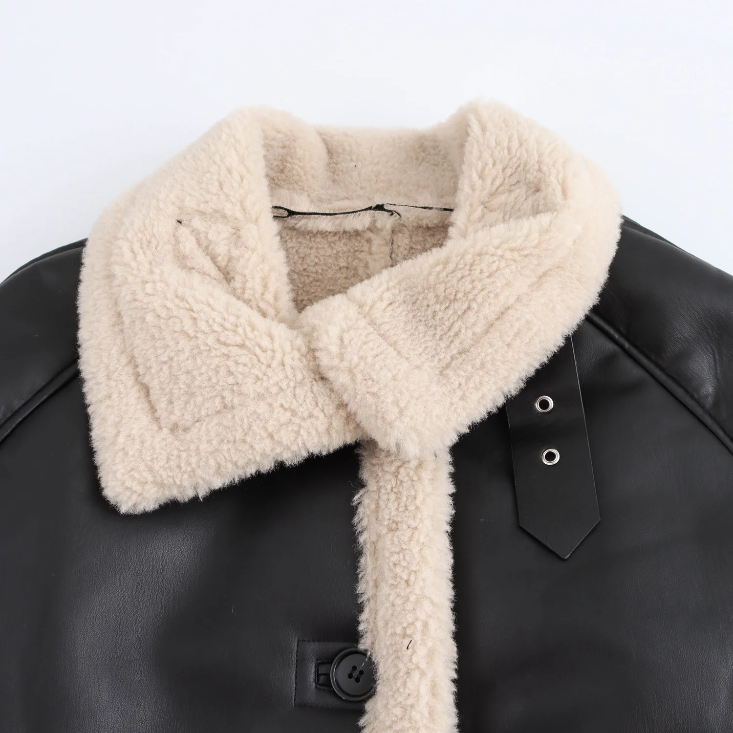 JNLEAOG Jesienna Nowa Damska Modna Kurtka z Efektem Skóry Dwustronna Długi Płaszcz z Wykładanym Kołnierzem Zapinana na Guziki Polyes...