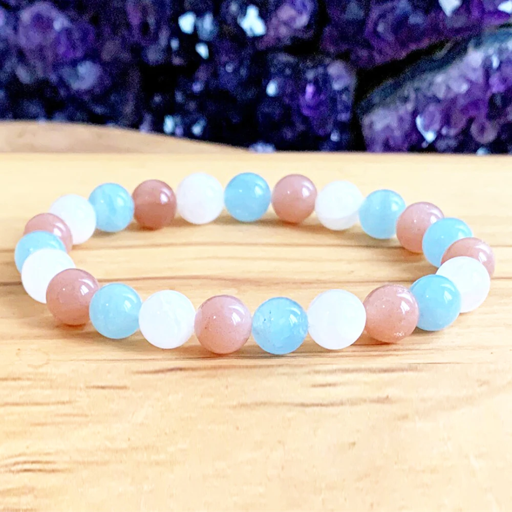 MG1413 AAA Grade Aquamarine Moonstone Sunstone Wrist Mala Bracelet Women`s Yoga Mala Love Bracelet Goddess Energy