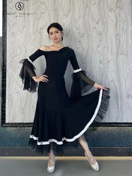 2025 Ballroom Dance Dress Women Black Slant Shoulder Waltz Dancing Performance Costume Adult Prom Wear Competition Dress BL9954