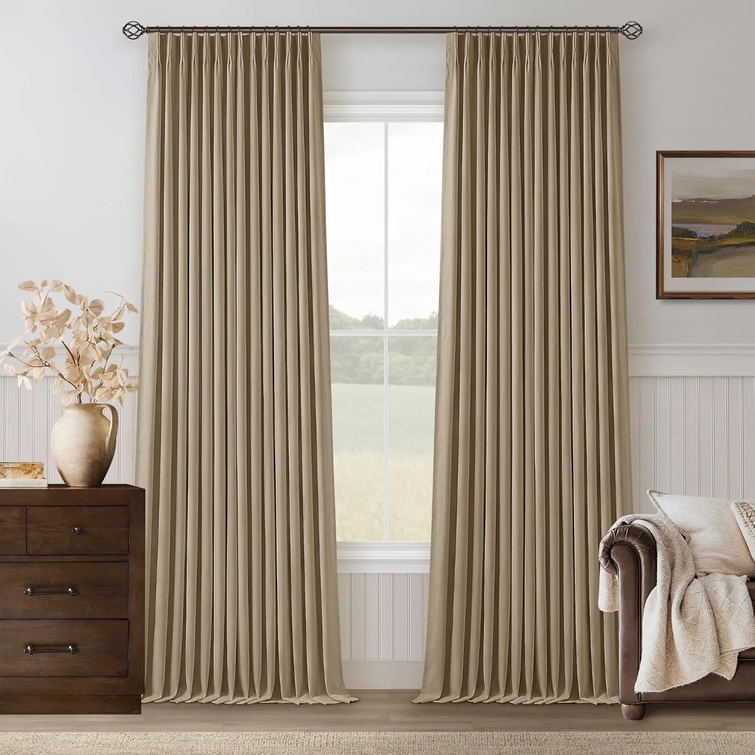 

Light Brown Pinch Pleated 100% Blackout Linen Bedroom Curtains 96 Inch Length Double Layer Pleat Curtains Ring Hooks Back Tab Bl
