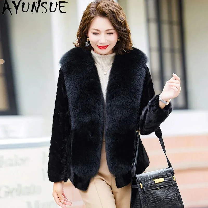 

High AYUNSUE Quality Real Fur Coat Womens Winter Luxury Pieces of Mink Spliced Jacket for Women Fox Collar Casacos