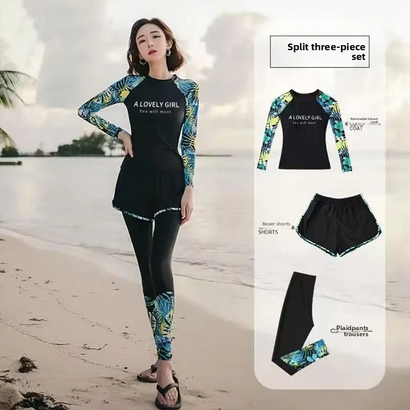 ชุดว่ายน้ำผู้หญิงแบบ 3 ชิ้น รุ่นใหม่ ปี 2025 - ชุดว่ายน้ำแบบสุภาพ เหมาะสำหรับนักเรียน แขนยาว กางเกงขายาว สไตล์สปอร์ต สำหรับเล่นเซิร์ฟและแช่น้ำพุร้อน
