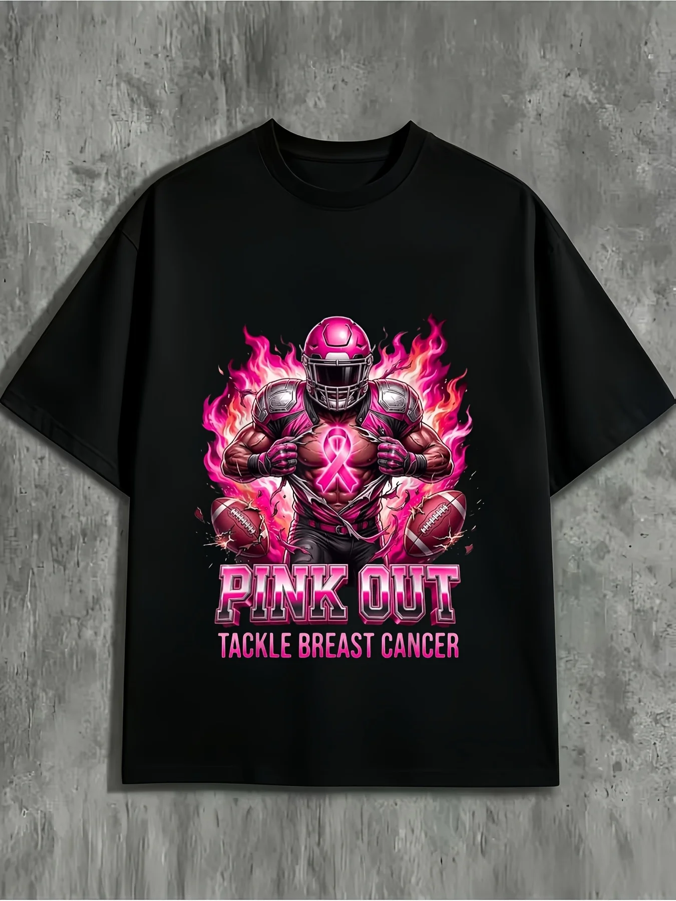 Pink Attack, Anti-breast Cancer Awareness Rugby T-shirt, Classic Men's Crew Neck T-shirt, The Same for Men and Women, Using Pure Soft and Breathable Fabric, Suitable for Daily Casual Wear, Retro Casual Crew Neck Printed T-shirt
