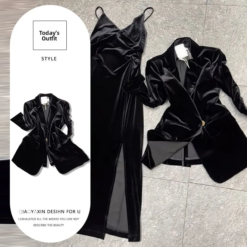 

2026 New Hepburn Style Unique Two-Piece Set Elegant Sensation Split Strap Dress Autumn Winter Atmosphere Outerwear Women's Fa...